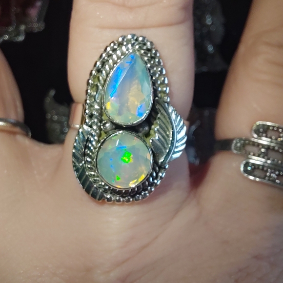 Ethiopian Opal Teardrop & Round Cut Sterling Silver Statement Ring - Picture 7 of 16